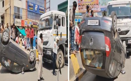 हाइवा की जोरदार टक्कर लगते ही कुलाटी मारते हुए पलटी आई-10 कार
