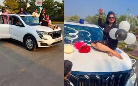 नीली बत्ती की गाड़ी पर सवार गर्ल्स गैंग, बोनट पर बैठकर डीएसपी की पत्नी ने मनाया जन्मदिन